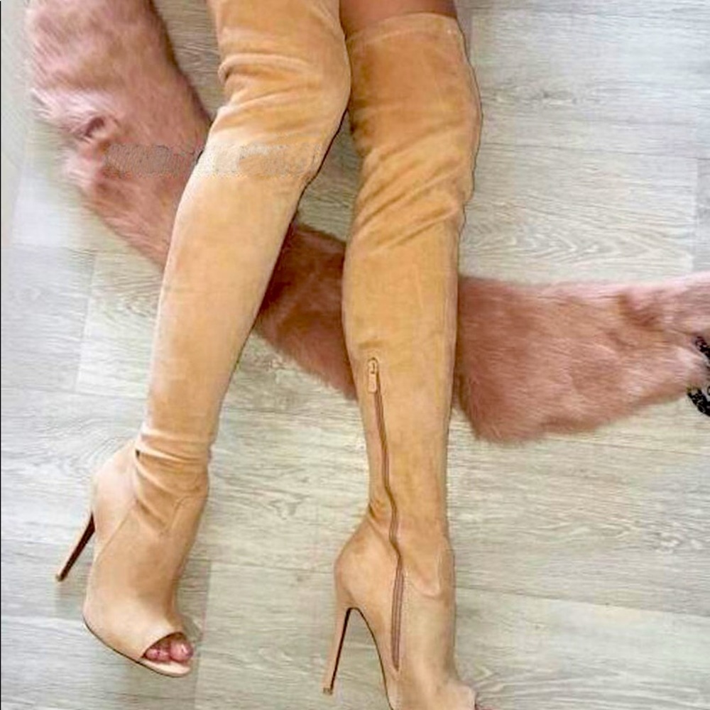 Thigh high nude suede open toe heels